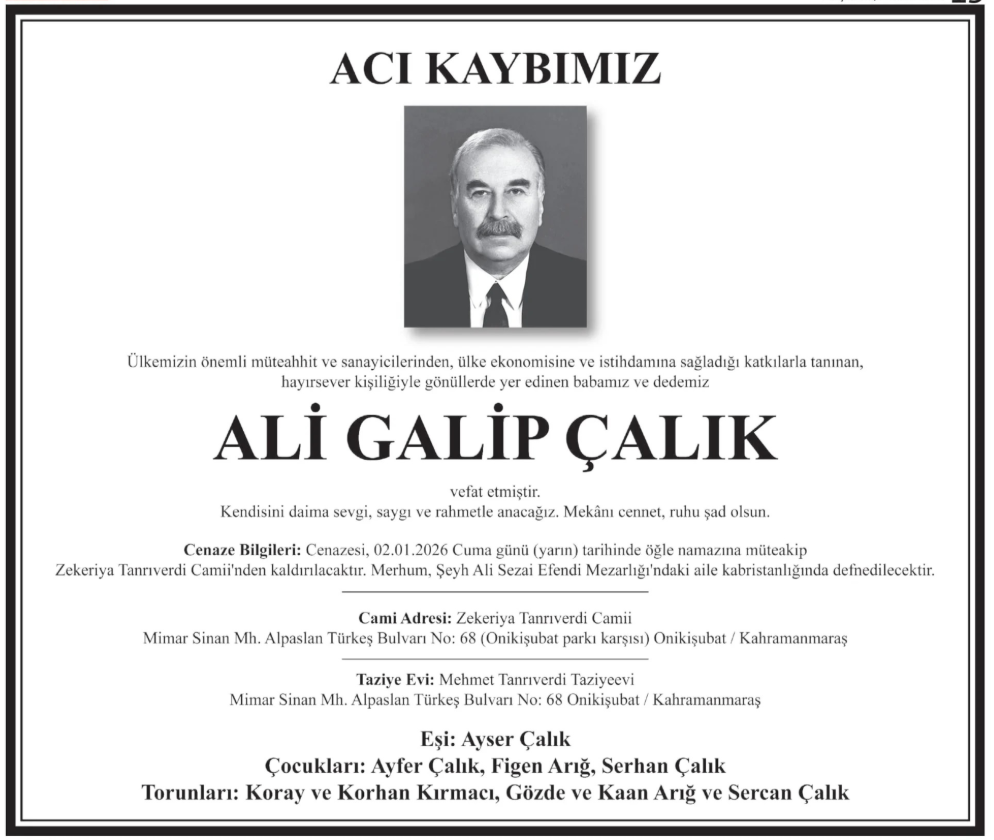 Ali Galip Çalık – Hürriyet ölüm ilanı (2 Ocak 2026)