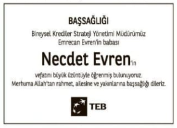 Necdet Evren – Hürriyet başsağlığı ilanı (16 Ocak 2026)