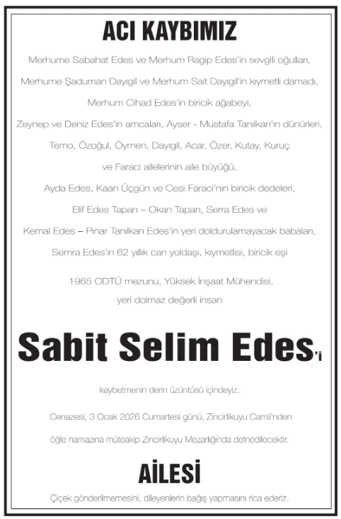 Sabıt Selim Edes – Hürriyet cenaze ilanı (2 Ocak 2026)