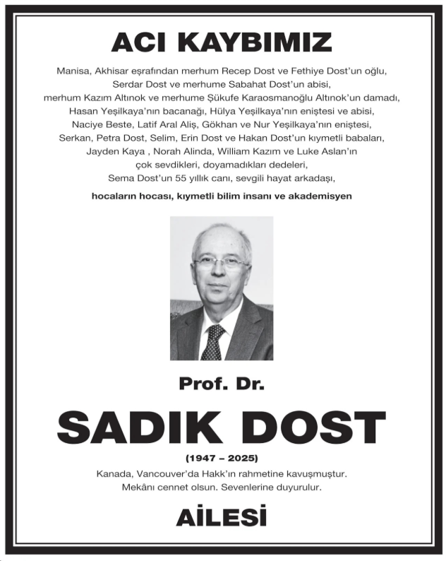 Sadık Dost – Hürriyet cenaze ilanı (1 Ocak 2026)