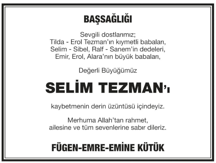 Selim Tezman – Hürriyet başsağlığı ilanı (18 Ocak 2026)