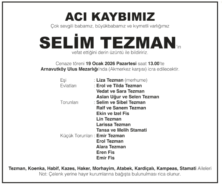 Selim Tezman – Hürriyet ölüm ilanı (18 Ocak 2026)