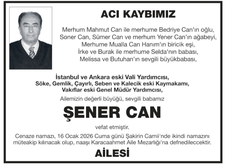 Şener Can – Hürriyet cenaze ilanı (16 Ocak 2026)