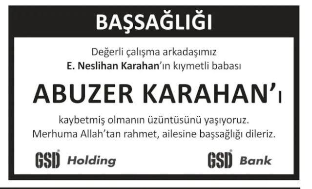 Abuzer Karahan – Hürriyet başsağlığı ilanı (2 Şubat 2026)