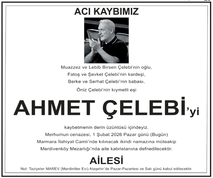 Ahmet Çelebi – Hürriyet taziye ilanı (1 Şubat 2026)
