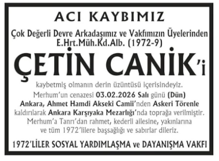 Çetin Canik – Hürriyet cenaze ilanı (4 Şubat 2026)
