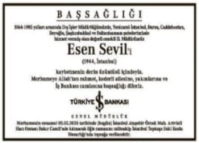 Esen Sevil – Hürriyet başsağlığı ilanı (5 Şubat 2026)