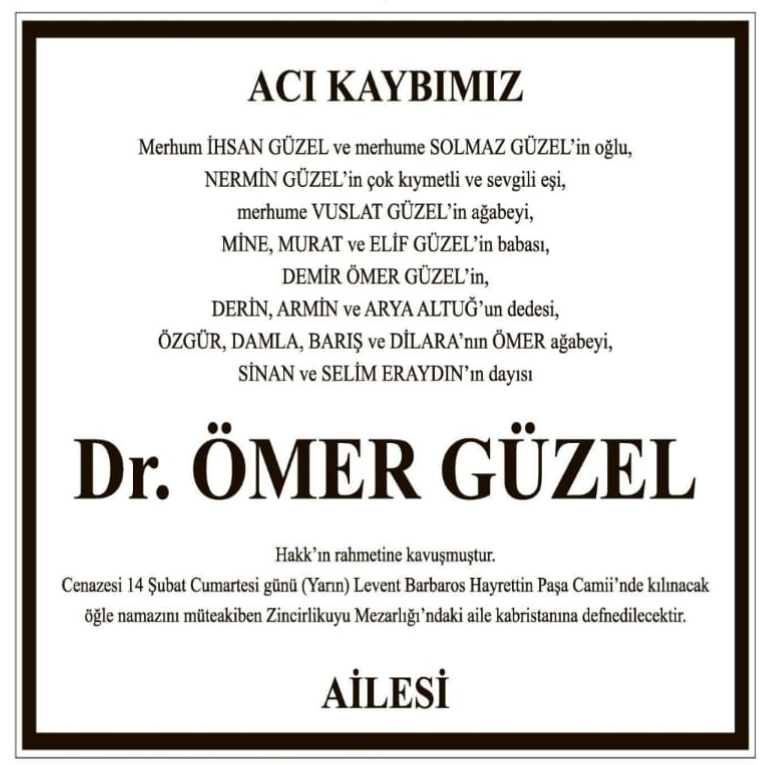 Dr. Ömer Güzel – Hürriyet cenaze ilanı (13 Şubat 2026)