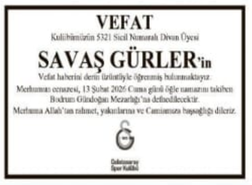 Savaş Gürler – Hürriyet vefat ilanı (13 Şubat 2026)