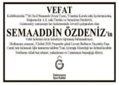 Semaaddin Özdeniz – Hürriyet vefat ilanı (5 Şubat 2026)