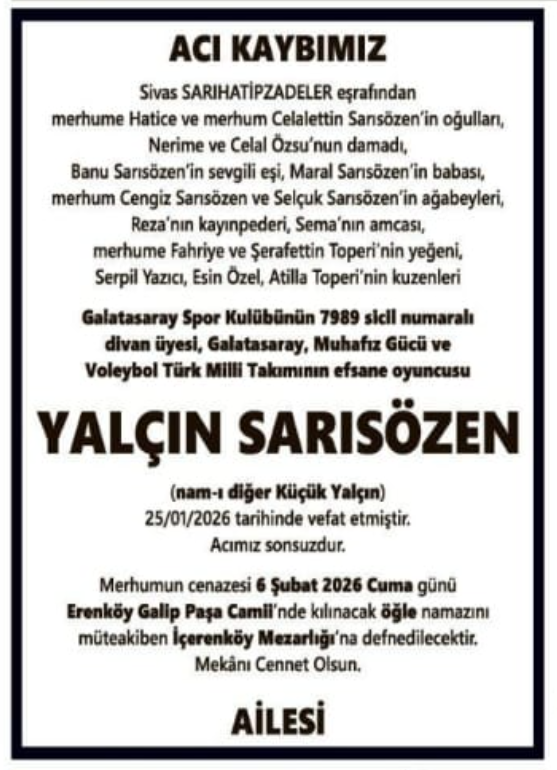 Yalçın Sarısözen – Hürriyet cenaze ilanı (6 Şubat 2026)